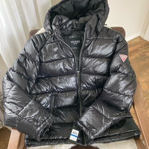 $225 Guess Black Mens Detachable Hood Puffer Jacket Sz XL